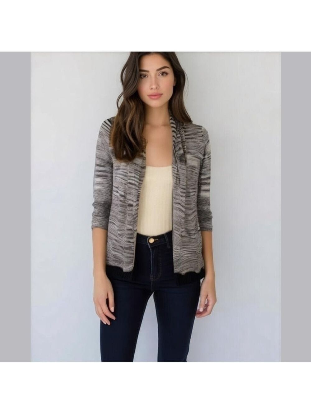 Belldini black and white open front cardigan, size L